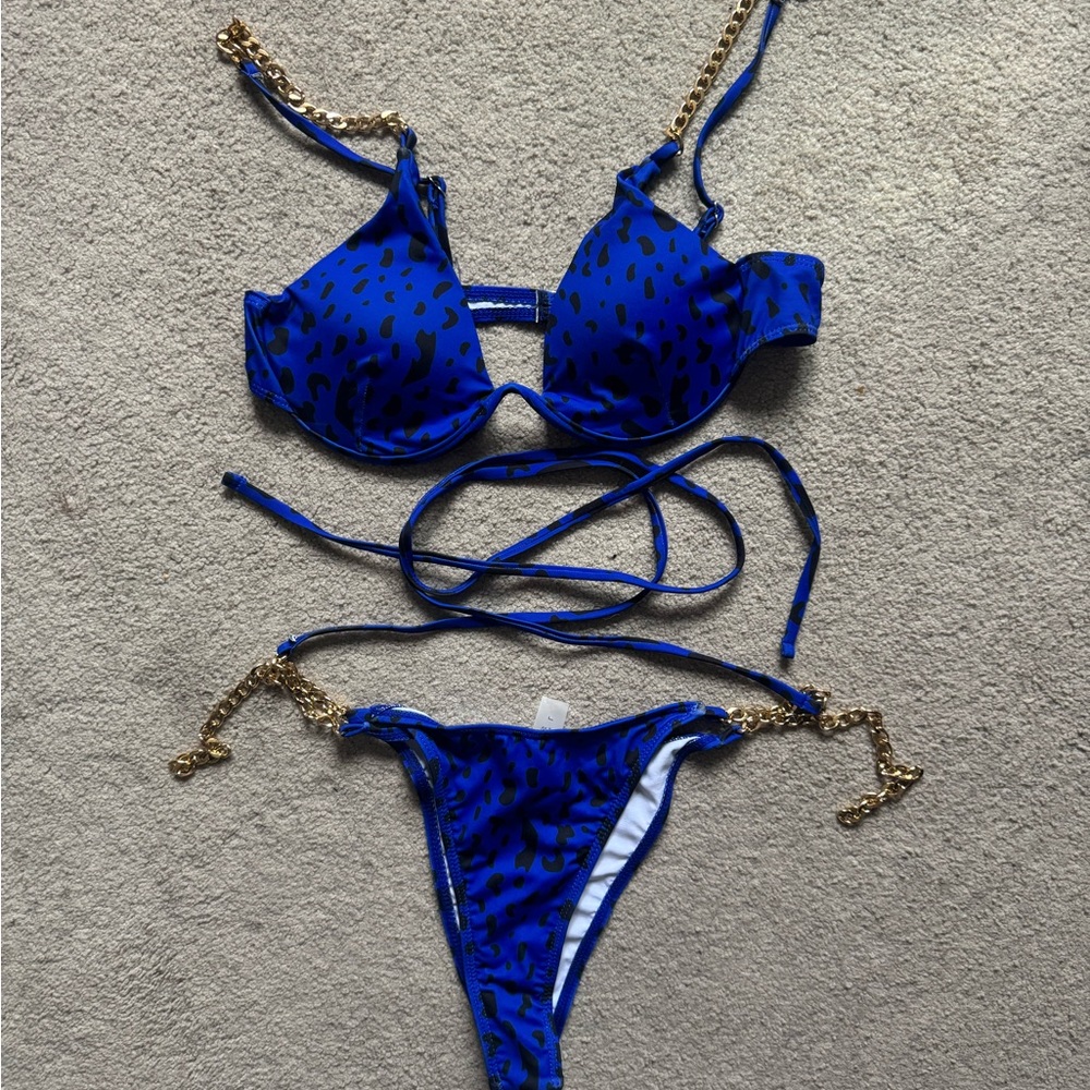Blue and Black Leopard Print Bikini with Gold Chain Straps